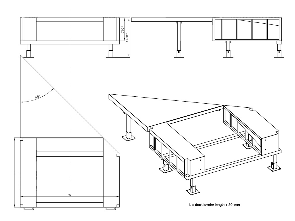 FET 45 series angled free-standing frame (45°) for an embedded type dock leveler with telescopic lip